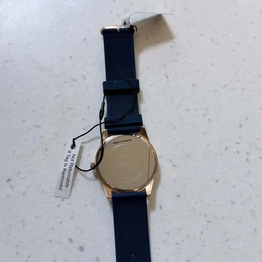 Guess Monte Analog Watch for Men w Blue Silicone Strap and Rose Gold Tone Case